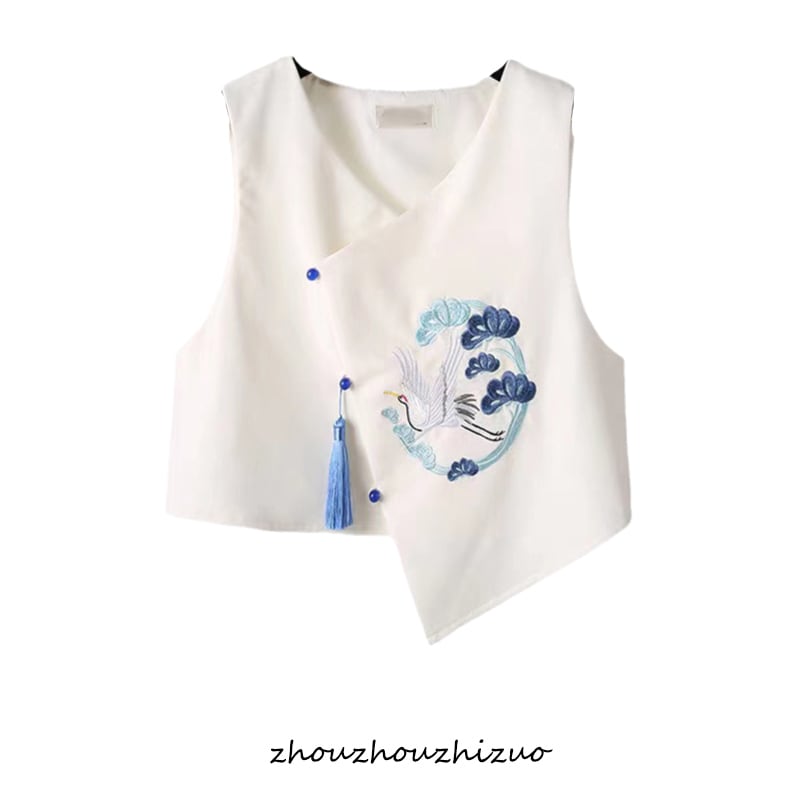 [Shigai Tadoneko Series] ★Chinese style setup★ One piece + vest 2-piece set embroidery crane blue blue