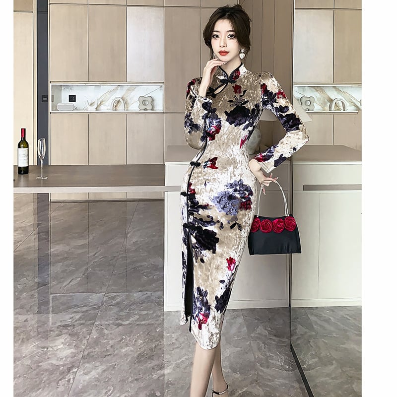 [Hundred Minute Eight Series] ★Cheongsam dress★ Velvet, floral pattern, slimming, sexy, ink pattern dress, improves temperament