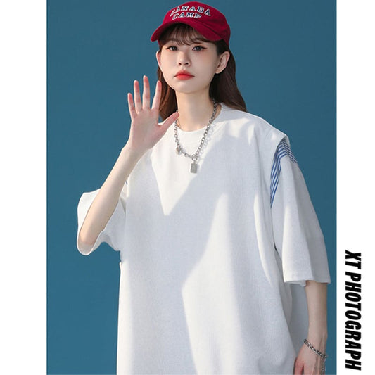 【CHAOMEICHENシリーズ】★Tシャツ★ 2color トップス 男女兼用 メンズ 夏服 半袖Tシャツ フェイクレイヤード 黒 白