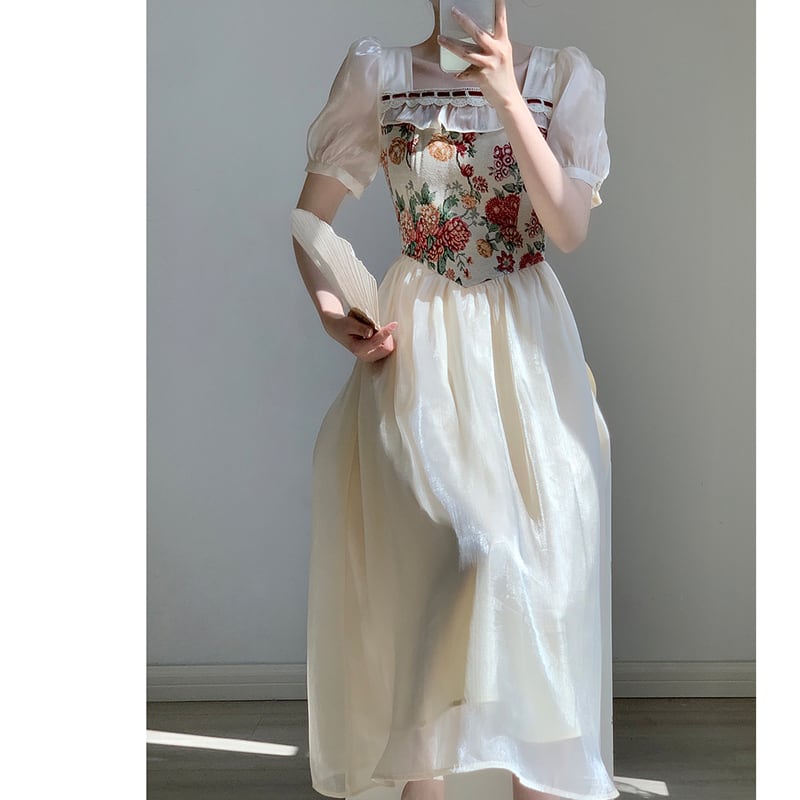 [Yuan Yuan Series] ★One Piece★ Switching Oil Painting Style Retro Short Sleeve Summer Dress Improves Temperament Cute