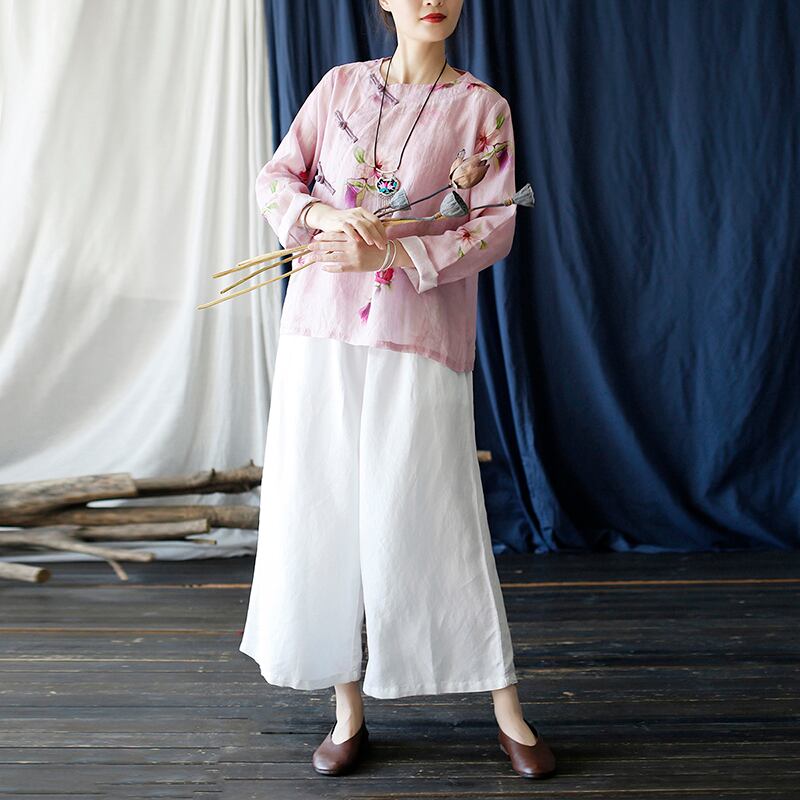 [Light ink series] ★China style tops★ Shirt Improved temperament Improved Tang suit Thin floral pattern Pink China button