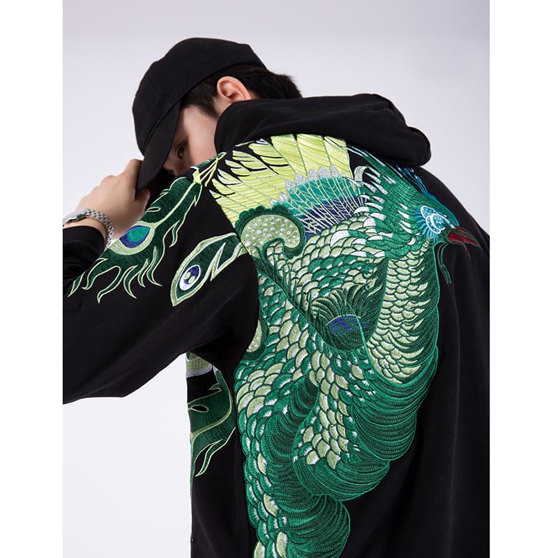 [Machiha clan series] ★Embroidery Chinese style hoodie★ 2color black or white peacock original cool