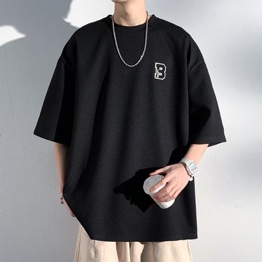 [BIGEMAN Series]★T-shirt★ Tops 2color Unisex Men's Large Size Black Gray Short Sleeve Casual