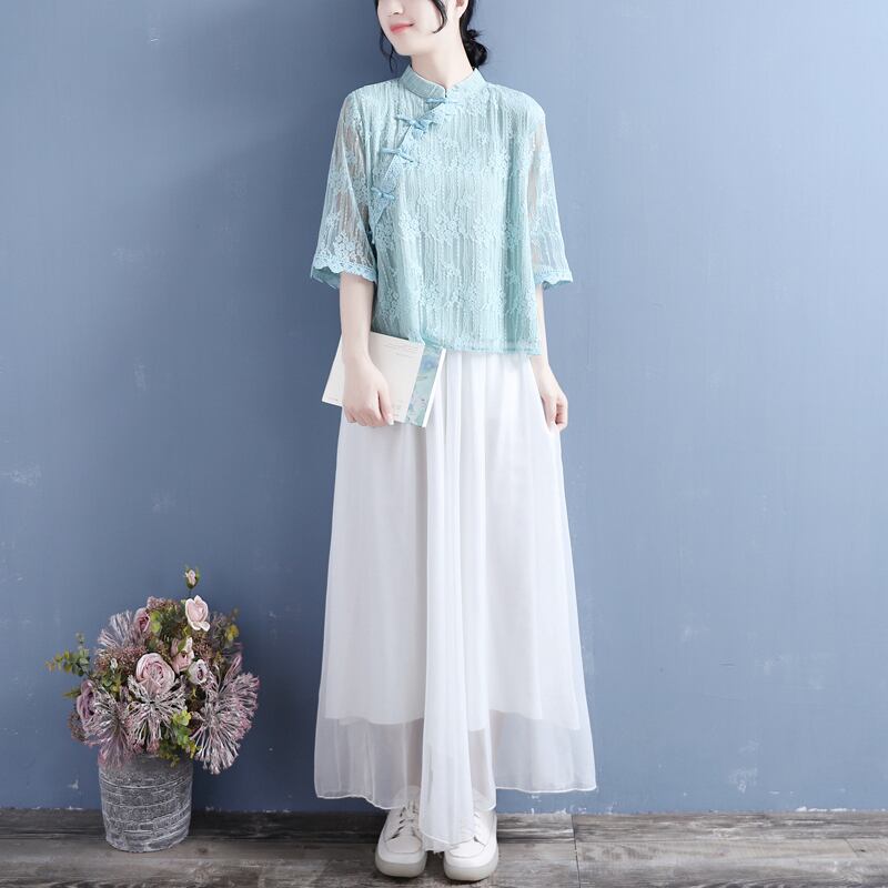 [Qing Series]★Chinese style shirt★ 4 colors lace Chinese clothes stand neck easy to match summer simple