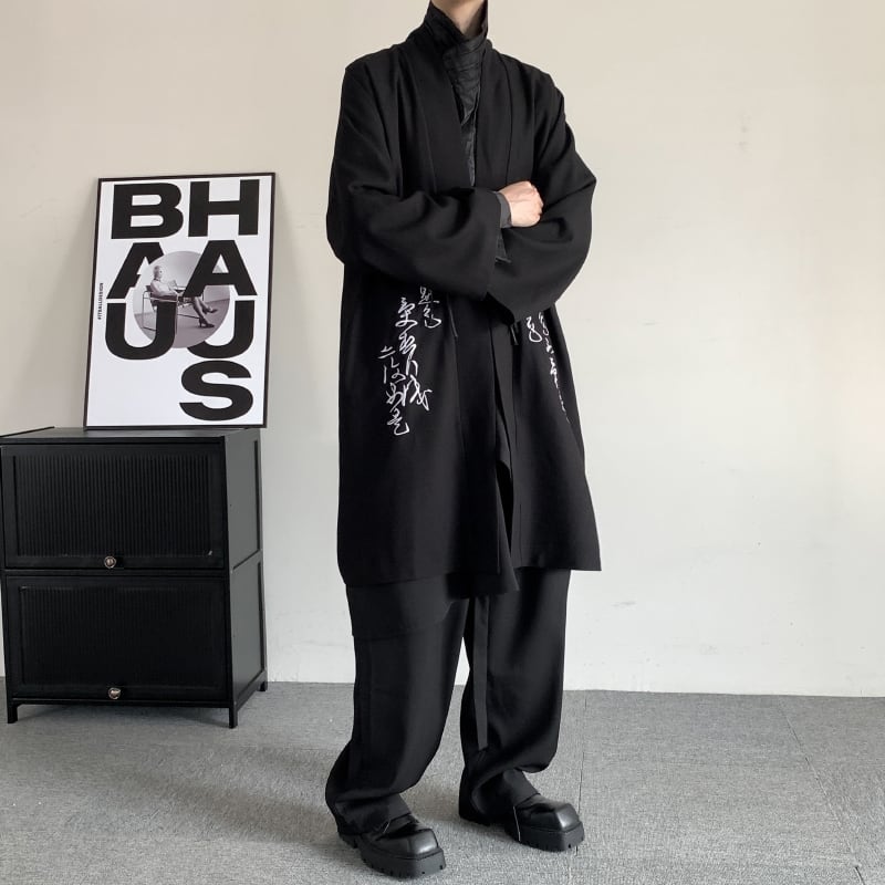 [Illustrated series] ★China style coat★ Long coat, unisex, kanji pattern, men's, large size, black, black