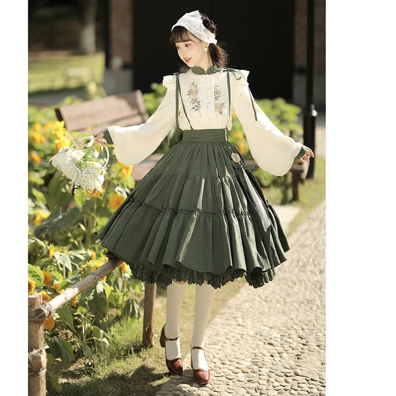 [Dust Smoke Cloud Dream---Sunflower Story Series] ★China style hanging skirt★ Bottoms Green Cute Date Commuting SML