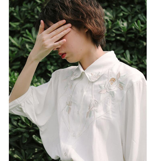 [Yang's Great Dream Series]★China Style Shirt★ Tops Embroidery Bubble Sleeves Short Sleeves White White Improves Temperament