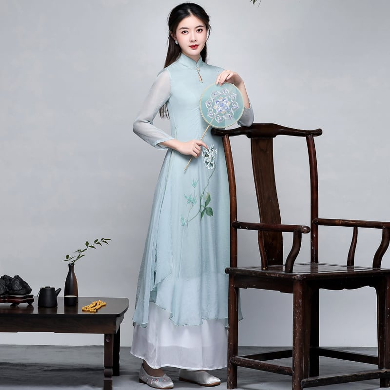 Ao dai 2-piece set, Chinese style dress, Ao dai dress, Chinese style clothes, Chinese clothes, improved Tang clothes, improved Han clothes, stand neck, 3/4 sleeves, long length, gaucho pants, large size, ML XL, 2XL, everyday wear