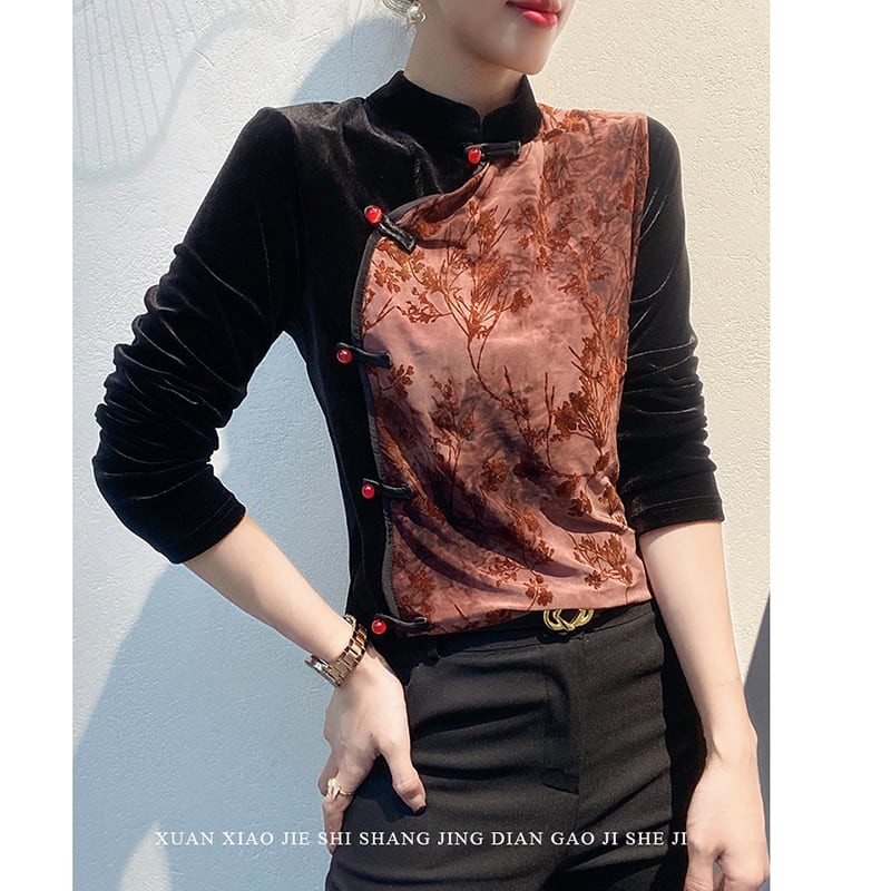 [XUAN series]★China style shirt★ 2color Chinese style tops velvet floral pattern switching large size