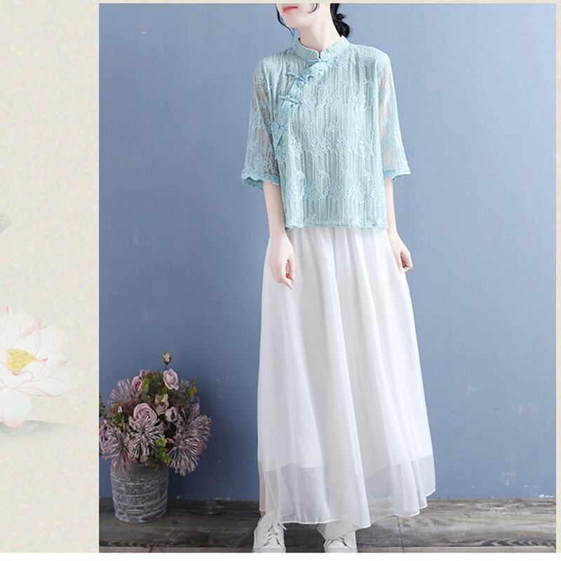 [Qing Series]★Chinese style shirt★ 4 colors lace Chinese clothes stand neck easy to match summer simple