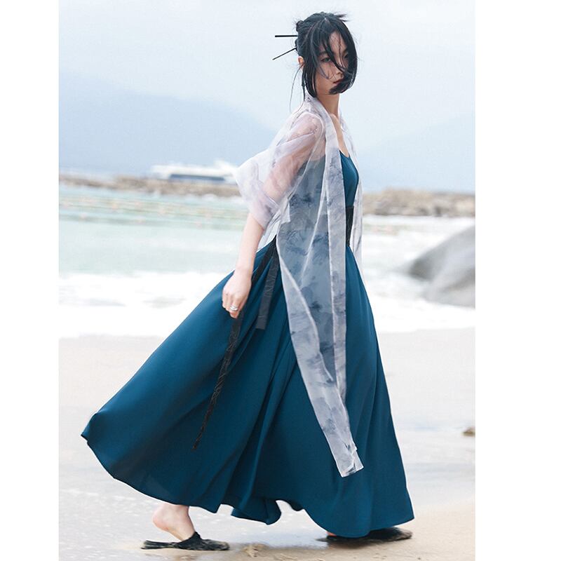 [Daiseiryusu Series] ★China style dress★ Hanging dress Plain Simple Long Length Original Blue Blue