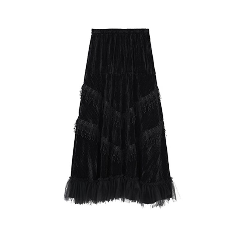 [Daiseiryusu Series] ★Long length skirt★ Bottoms velvet gorgeous fringe retro unique design