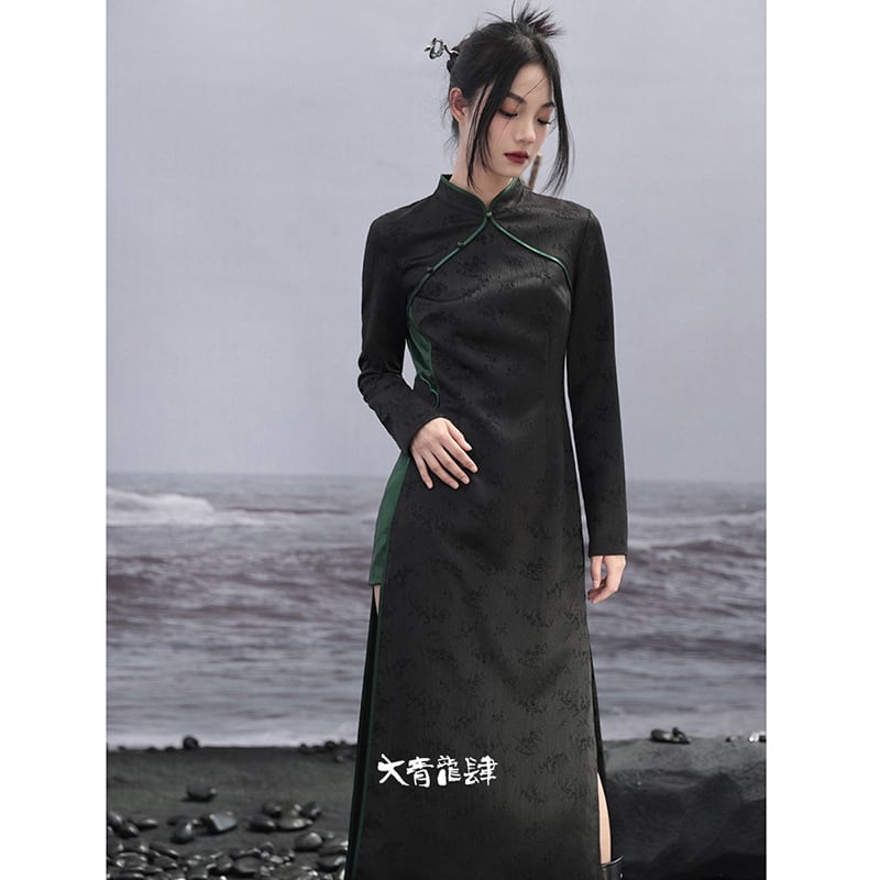 [Da Qinglong Shu Series]★Chinese style dress★ Improved Chinese dress, long sleeves, switching, long length, original, improves temperament, Chinese clothes, black