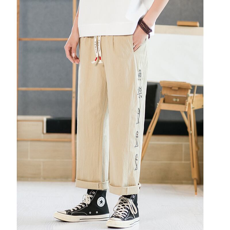 [TAOHUAYUAN Series]★China style trousers★ 3color bottoms trousers casual pants unisex men's large size fish nine-quarter length