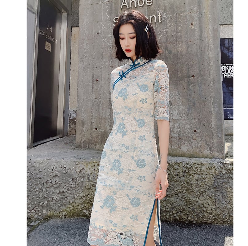 [Aishoyu Series] ★Cheongsam dress★ Sexy dress lace cheongsam large size openwork year-end party