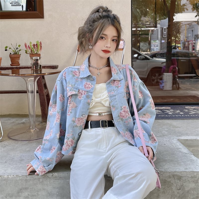 [Home Series]★Denim Jacket★ Floral Tops Outerwear Jacket Women's Short Length