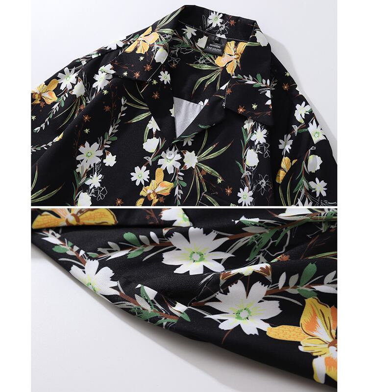 [TRAVEL ISSUANCE Series] ★Retro Shirt★ Floral Shirt Unisex Men's Loose Black Black