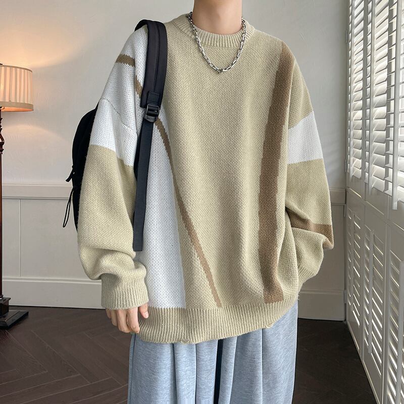 [Emeisa Series]★Sweater★ 3color knit tops Unisex Men's Color scheme Cool Round neck