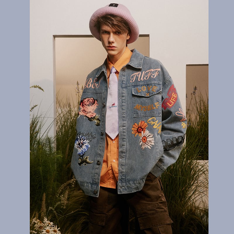 [Satoru Series]★Jacket★ Denim jacket outerwear unisex men's floral pattern butterfly alphabet fashion