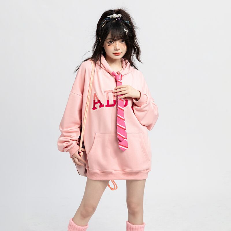 【逃離地球シリーズ】★パーカー★ 3color トップス 男女兼用 メンズ ネクタイ付き M L XL 2XL アプリコット ピンク グレー