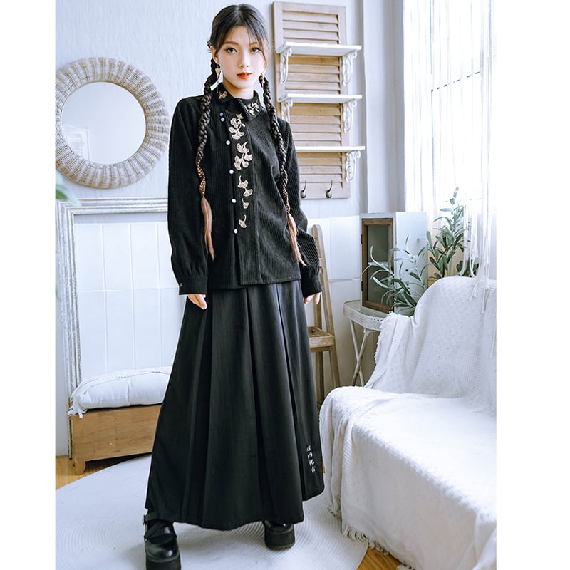 [Kokaisha --- Aikichi Series] ★China style skirt★ Bottoms switching velvet floral pattern black black