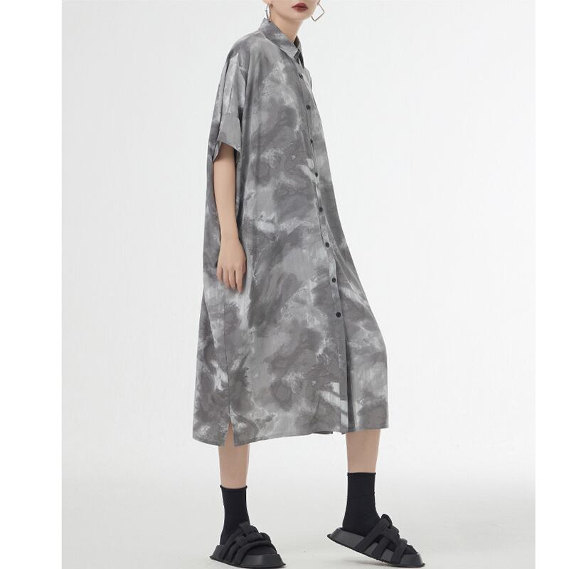 [YIDAO Series]★Shirt dress★ 2color long shirt print retro floral pattern loose blue gray summer clothes