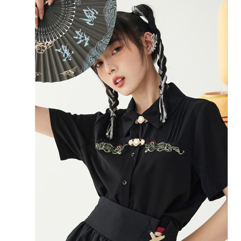 【禦茶家シリーズ】★チャイナ風シャツ★ 2color 中華服 トップス ブラック ホワイト 可愛い S M L XL