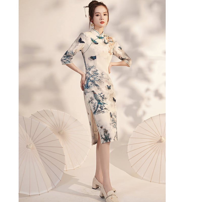 [Bacho Senko Series] ★Cheongsam dress★ Dress, long length, butterfly, elegant, large size, slim