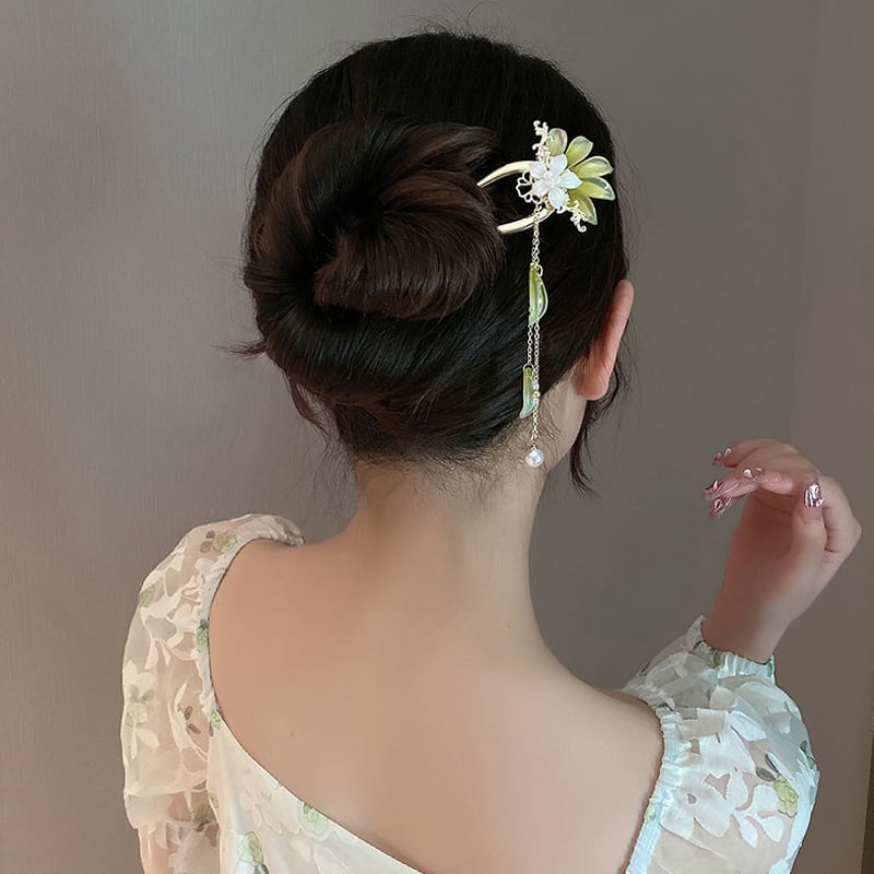 [Tae Series] ★China style hair ornament★ 1 hairpin, old-fashioned women's accessories, fringe, flower, green, white, cute