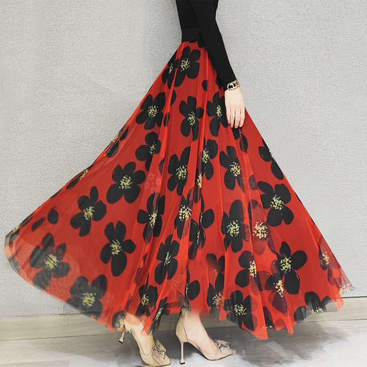 [NICHANG series] ★Floral pattern skirt★ 3 types of lengths available Large size Red Red