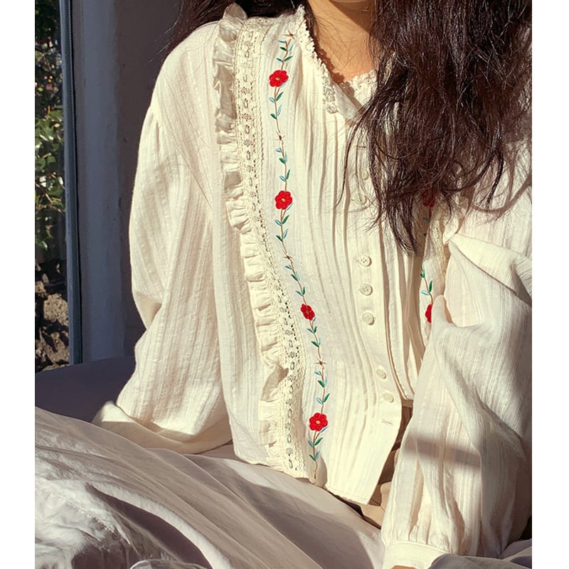 [LIANGLIANG Series]★Shirt★ 2color Embroidery Floral Tops Long Sleeve Shirt Improves Temperament Cute Easy to Match