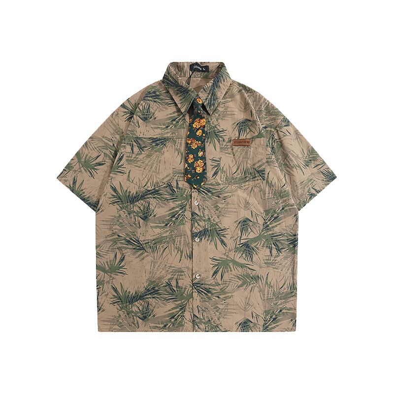 [HTTAOSUP Series]★Shirt with tie★ 2color tops, short sleeve shirt, floral pattern shirt, unisex, men's, retro