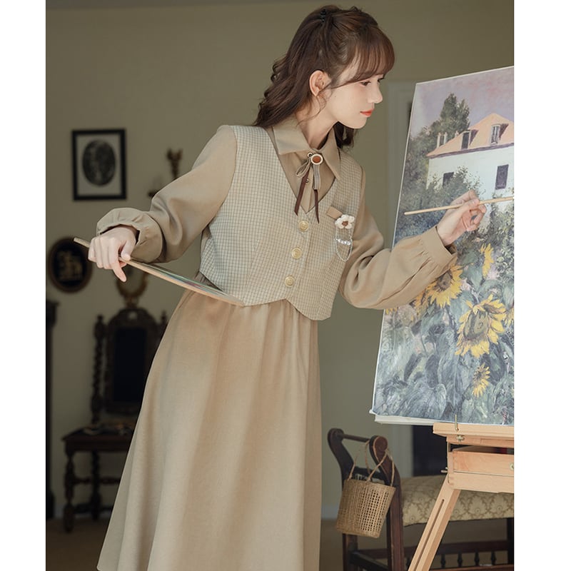 [Minami no Mori Series] ★One Piece★ 2color Faux Layered Fashion Ladies Switching Ribbon Wine Red Khaki Brown