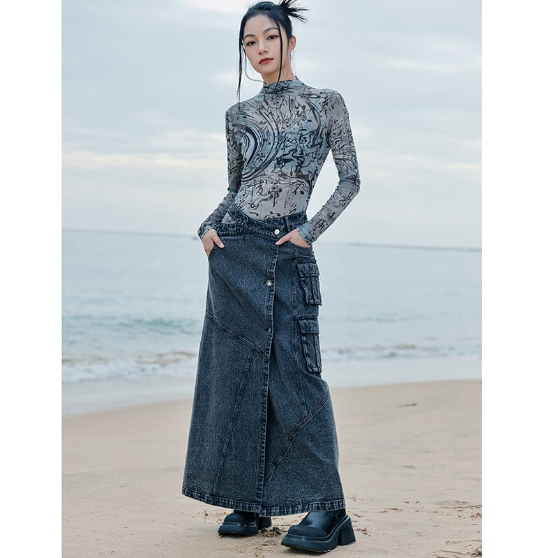 [Daiseiryusu Series] ★China style skirt★ Bottoms Denim skirt Long skirt Slit