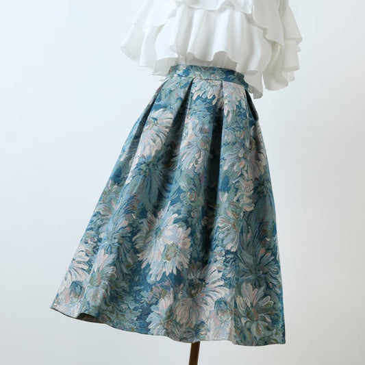 [MOERBEN Series]★Skirt★ Oil painting style bottoms Fashion Blue Cute Floral pattern Retro Large size