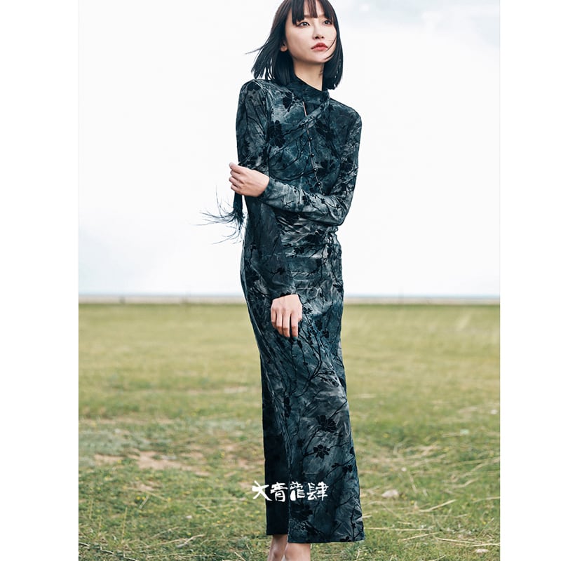 [Da Qinglong Shu Series] ★China style dress★ 2 colors Green or blue Velvet High neck Slim Slimming Feminine