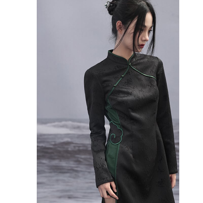 [Da Qinglong Shu Series]★Chinese style dress★ Improved Chinese dress, long sleeves, switching, long length, original, improves temperament, Chinese clothes, black