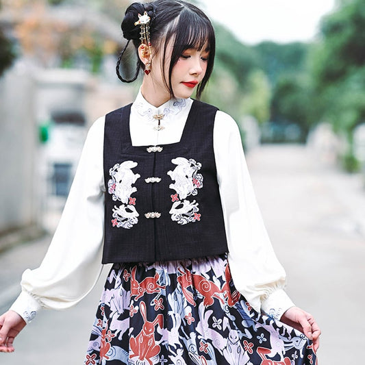 [Old Monster---Rabbit Series] ★China style tops★ Best Original Rabbit Embroidery Black Black Easy to match