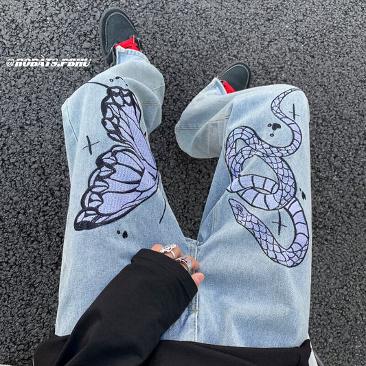 [YANDAN Series]★Denim Pants★ Bottoms Pants Unisex Men's Embroidery Butterfly Blue Blue Large Size