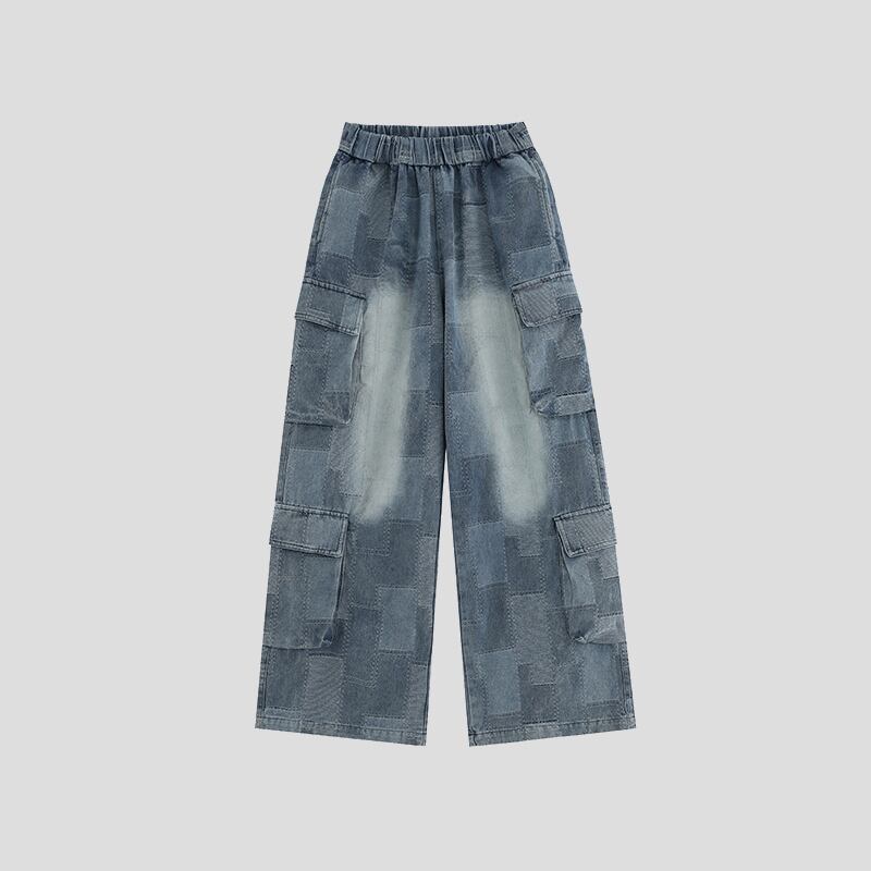 [Studios Series]★Denim Pants★ Bottoms Unisex Men's Trousers Plaid Pattern Elastic Waist Retro