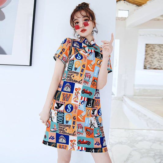 Chinese Style Dress SML XL 2XL One Piece After-Party Entrance Ceremony Retro Short Sleeve Floral Print A-line Unique