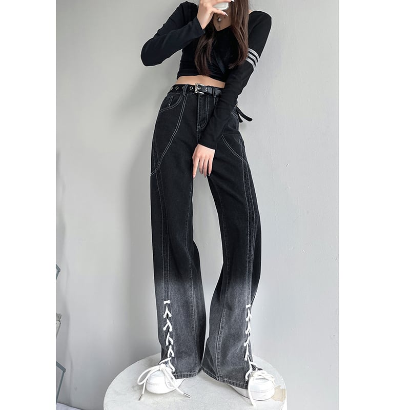 [YOUYAGE Series] ★Denim Pants★ Bottoms Trousers Casual Gradient Ladies Black Black