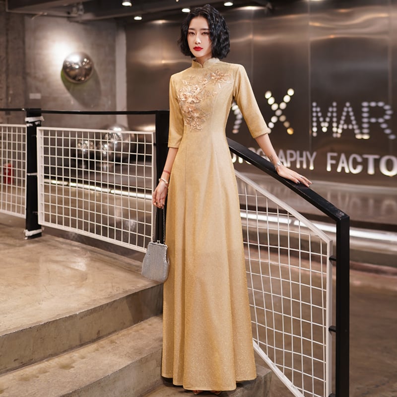 [Chouga series] ★Party dress★ Maxi length dress Improves temperament Gold Golden Chinese style