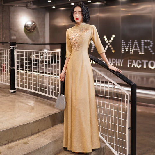 [Chouga series] ★Party dress★ Maxi length dress Improves temperament Gold Golden Chinese style