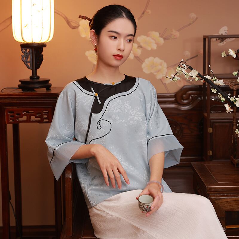 [Chaiyuan Series] ★Chinese style tops★ Shirt Improves temperament Improved Tang suit Thin Republic style Blue Blue Summer clothes