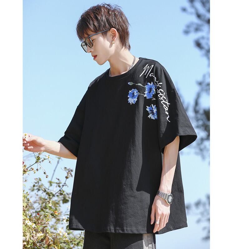 [MANYSTON Series]★T-shirt★ Tops 3color Unisex Men's Short Sleeve Floral Pattern Blue White Black Casual