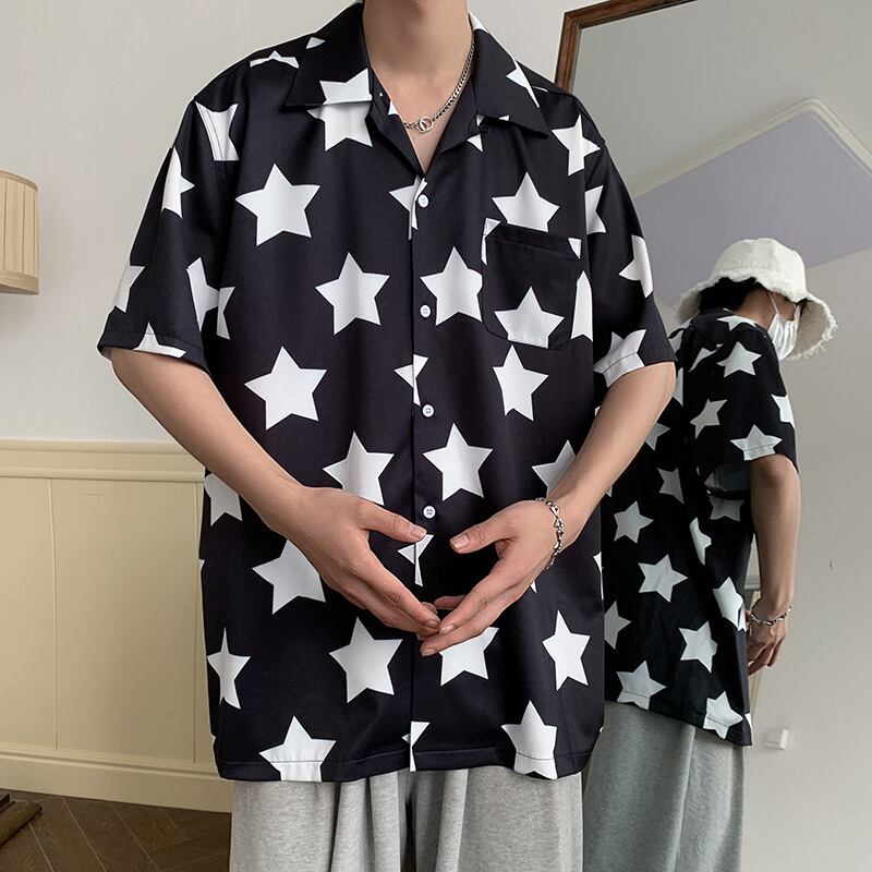 [Illustrated Series]★Shirt★ 2color Tops Star Print Fashion Unisex Men's Summer Clothes Cute Short Sleeve