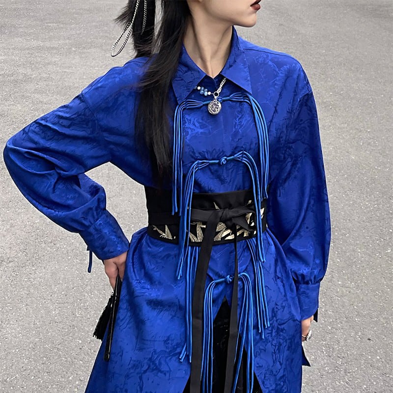 [Unmankana series] ★China style shirt★ 2color long sleeve or short sleeve long shirt original black blue