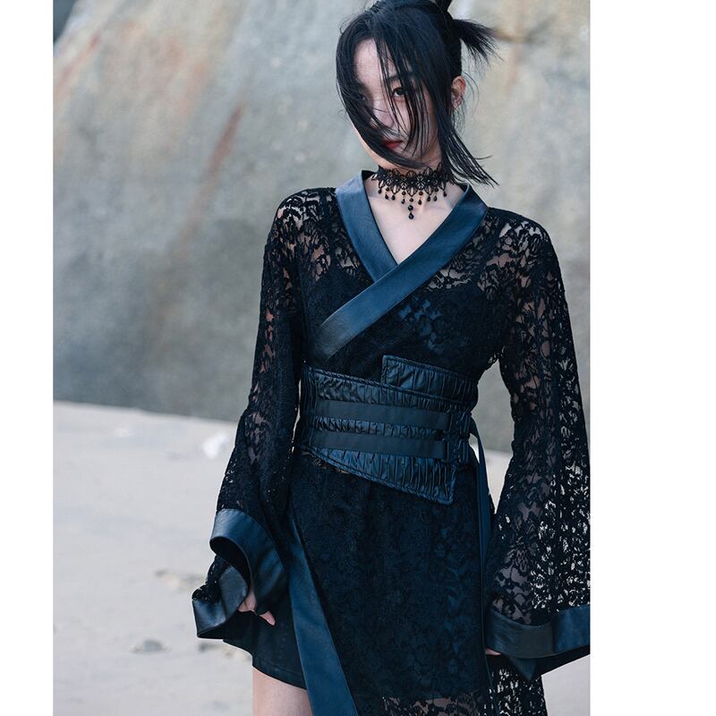 [Big Blue Dragon Series] ★Chinese style dress★ Lace openwork sexy switching black black