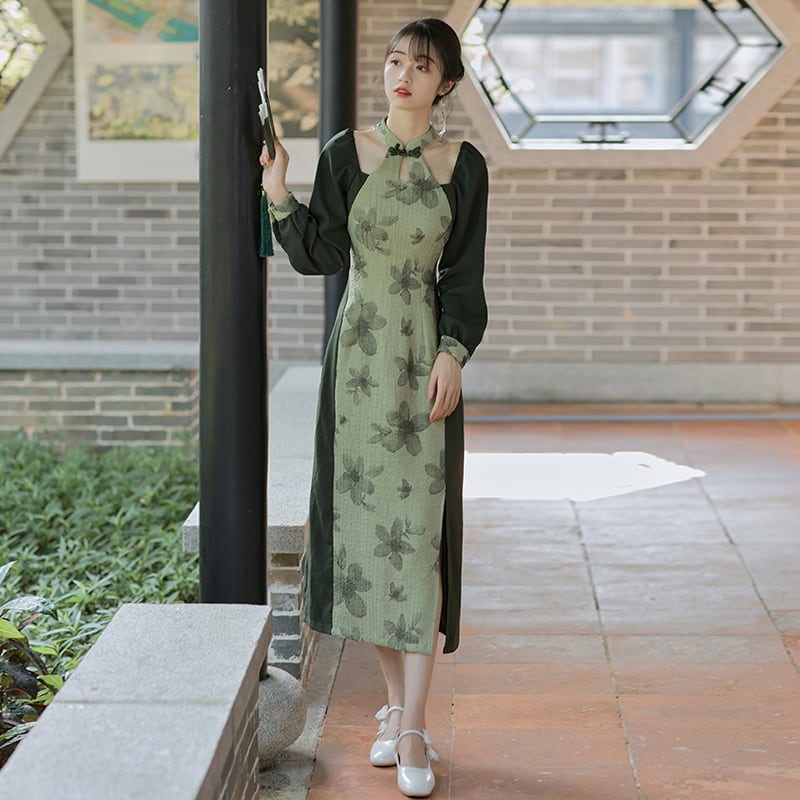 [Tatsuko Chenis Series] ★China style dress★ Improved cheongsam dress Floral pattern Color scheme Slimming Green Green SML